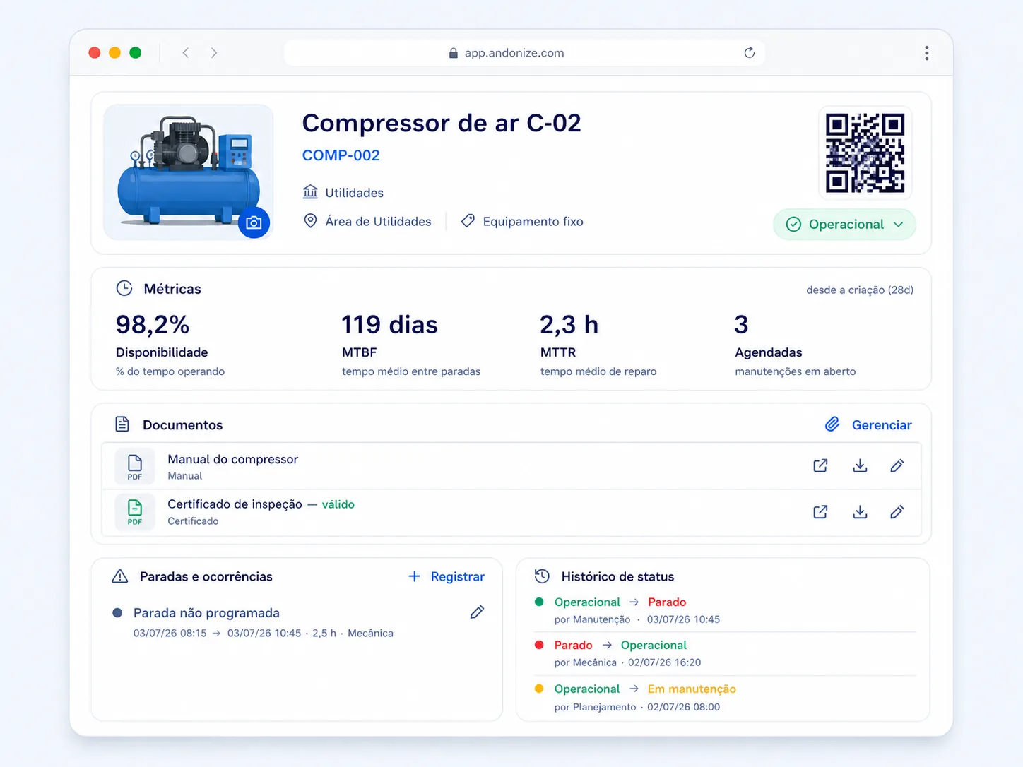 Ilustração da ficha de um compressor com QR Code, documentos, paradas, histórico e indicadores de manutenção