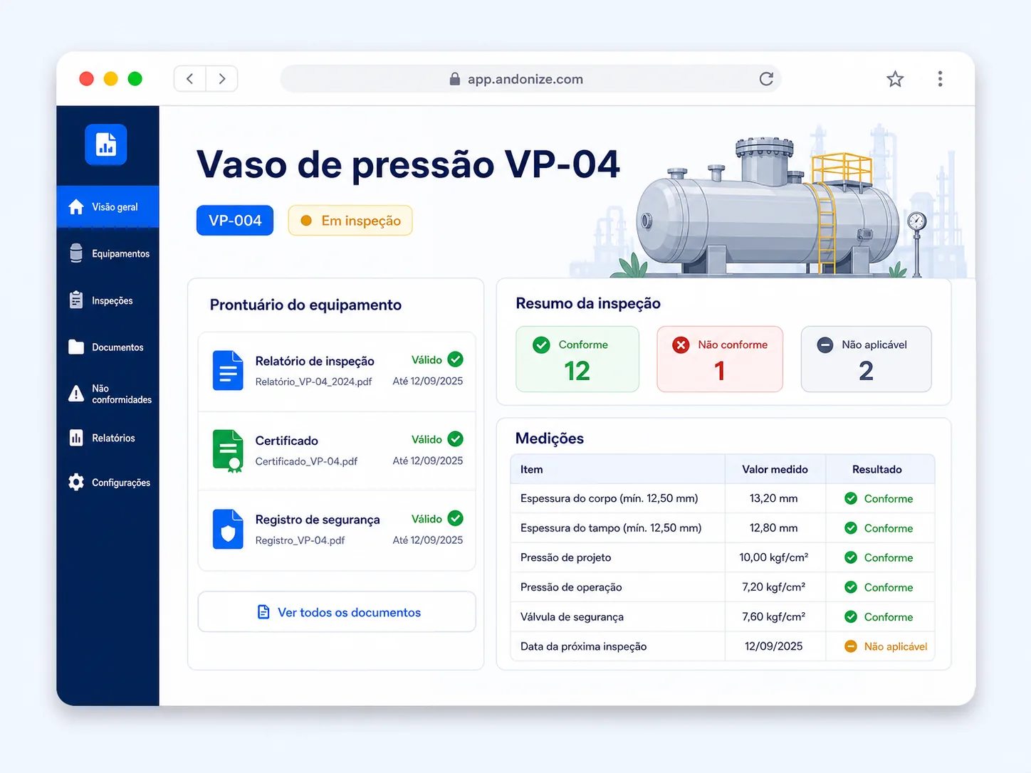 Ilustração da ficha de um vaso de pressão com prontuário, resumo de inspeção e medições