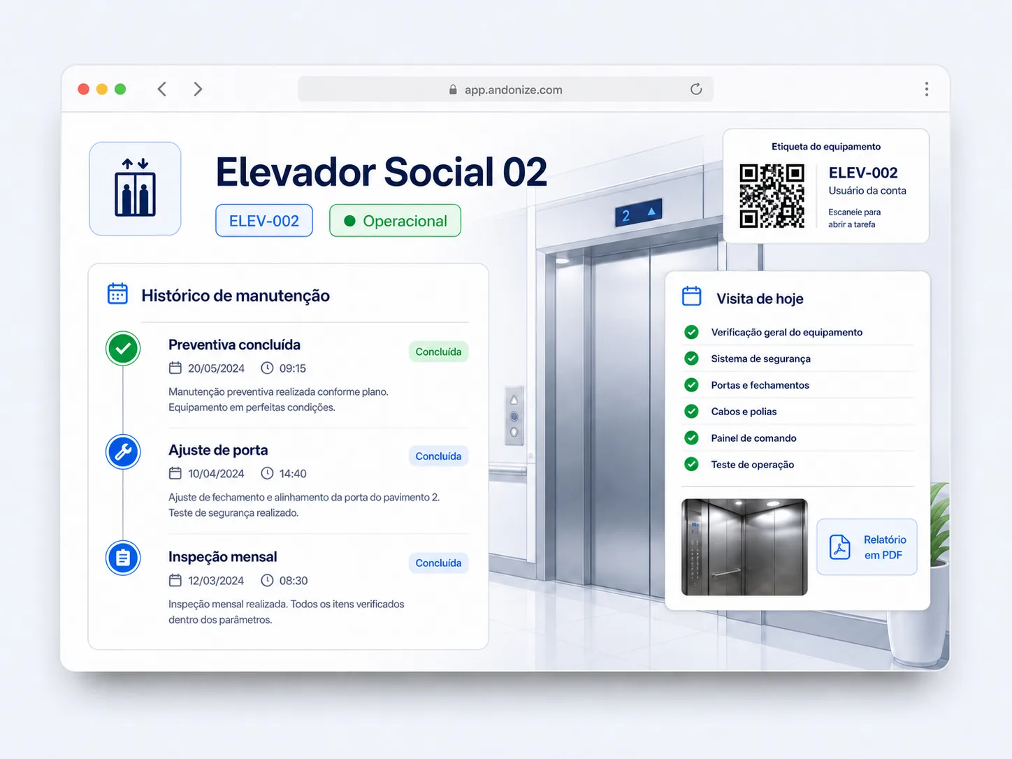 Ilustração da ficha de um elevador com QR Code, checklist de visita e histórico de manutenção