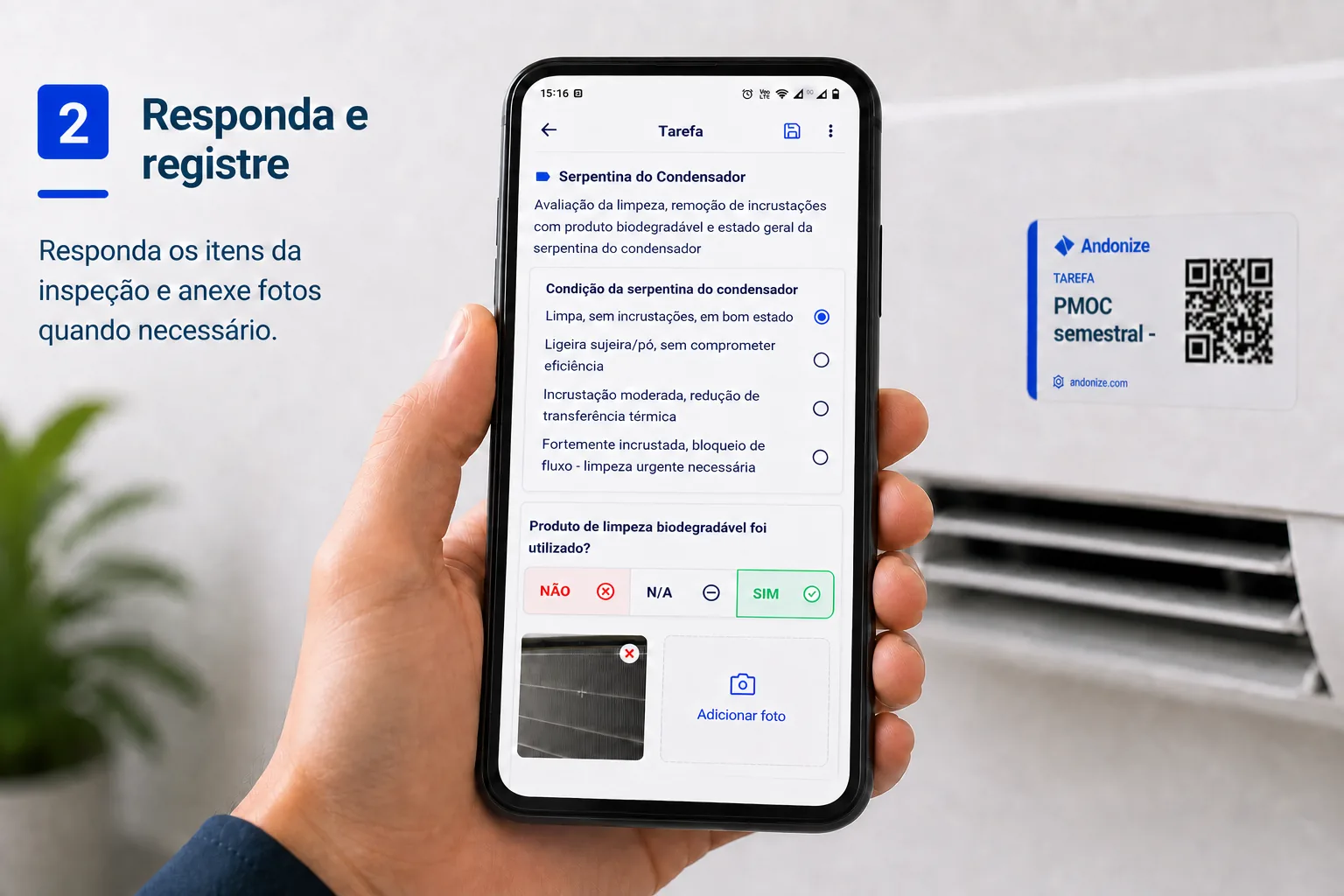 Checklist PMOC no celular com respostas de inspeção e registro fotográfico associado ao equipamento