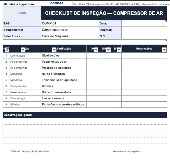 Folha de Campo da planilha preenchida para um compressor de ar: cabeçalho com TAG, equipamento, setor, data, inspetor e O.S., e nove itens de verificação com as colunas de OK, N.OK e N/A