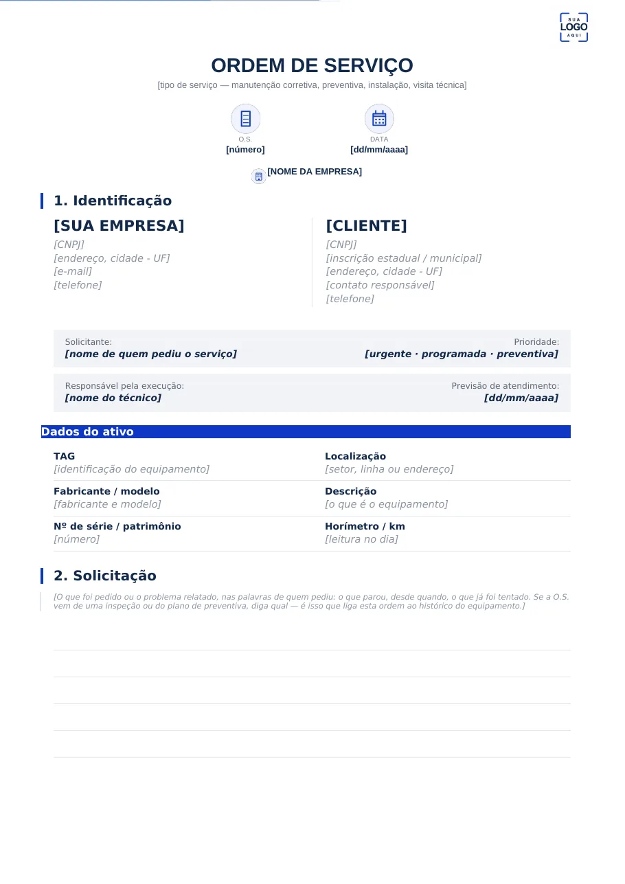Primeira página do modelo de ordem de serviço: título, cartões de número e data, identificação da empresa e do cliente, solicitante, prioridade, responsável e o quadro de dados do ativo