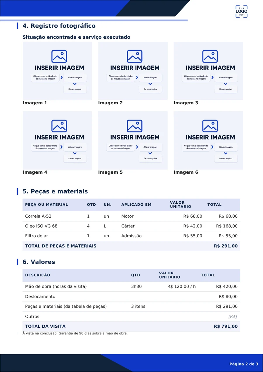 Segunda página do exemplo preenchido: o bloco de seis fotos do registro fotográfico, a tabela de peças e materiais com valores e o fechamento em Valores