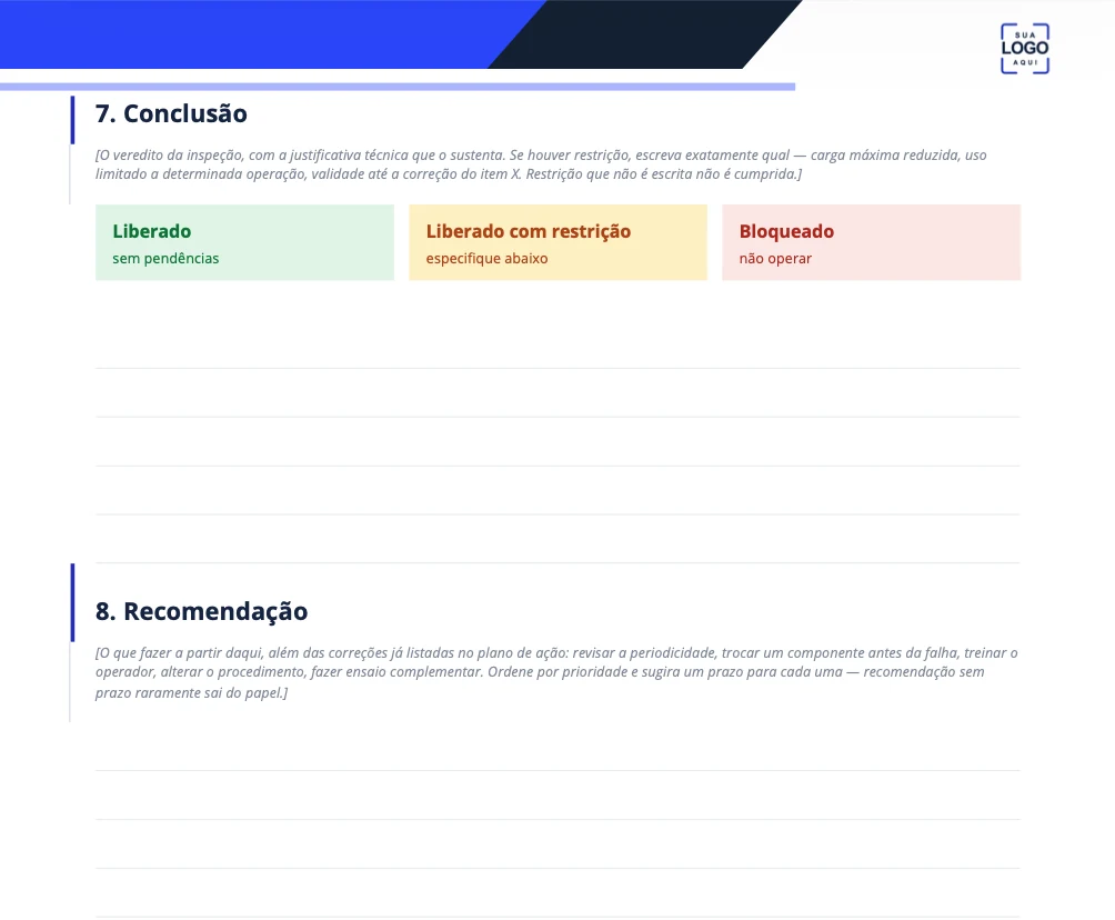 Seções de conclusão e recomendação do modelo, com os três vereditos: liberado, liberado com restrição e bloqueado