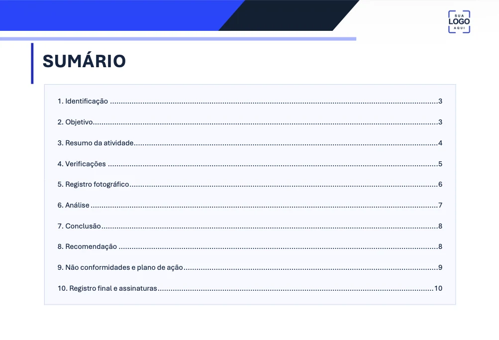 Página de sumário do modelo, com as dez seções numeradas e os números de página
