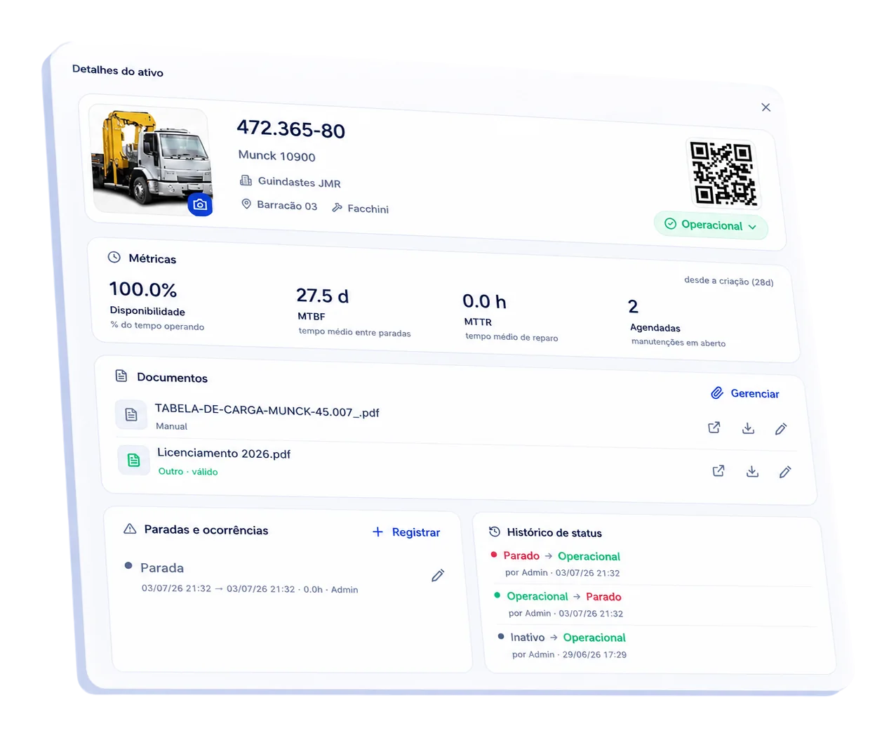 Ficha de ativo do Andonize com QR Code, status, localização, próxima manutenção, documentos e histórico do equipamento