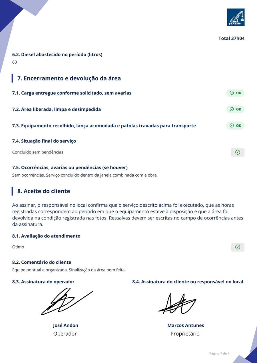 Página final do relatório de serviço com encerramento, devolução da área e aceite do cliente com as assinaturas do operador e do responsável
