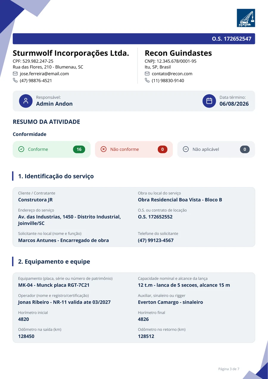 Página de identificação de um relatório de serviço: cliente, obra, contrato de locação, equipamento com horímetro e equipe com certificação
