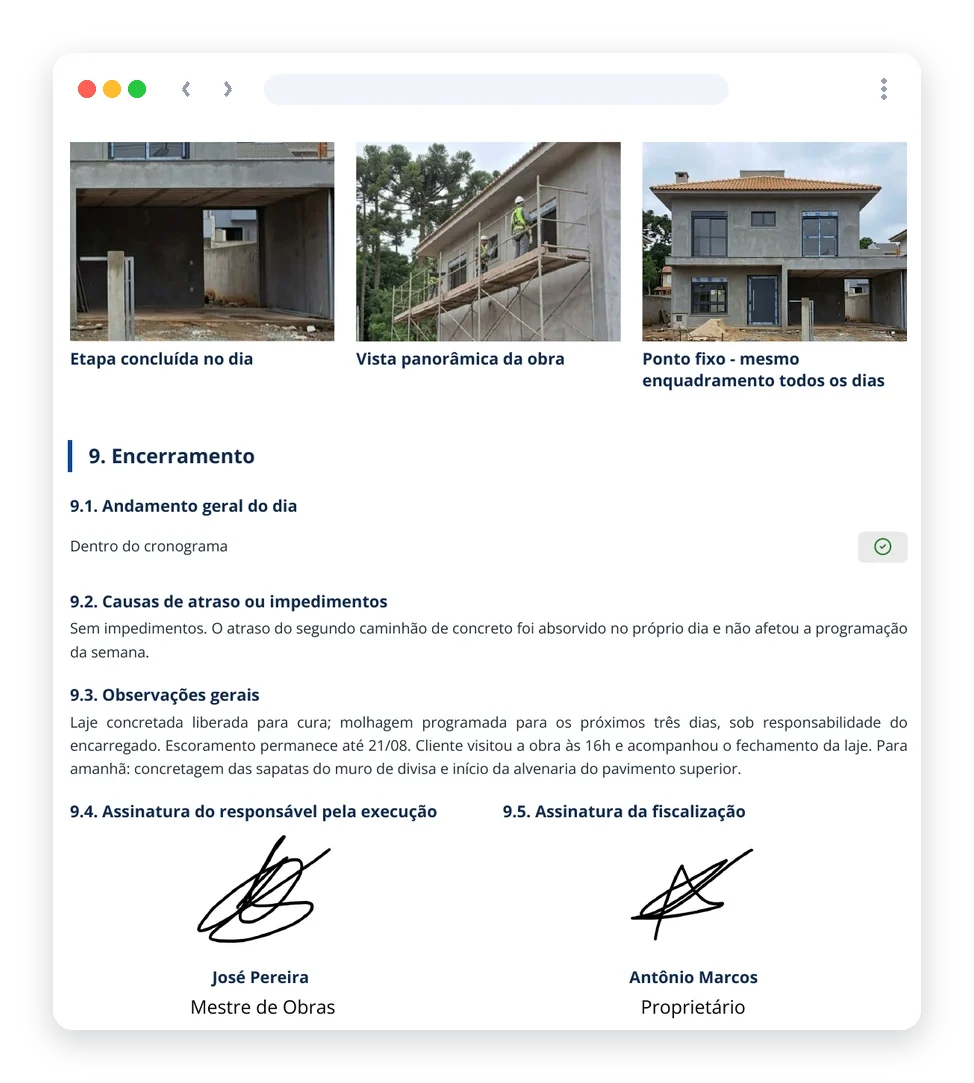 Última página de um Diário de Obra gerado no Andonize: fotos da etapa concluída, vista panorâmica e ponto fixo, com o encerramento do dia e as assinaturas do mestre de obras e da fiscalização