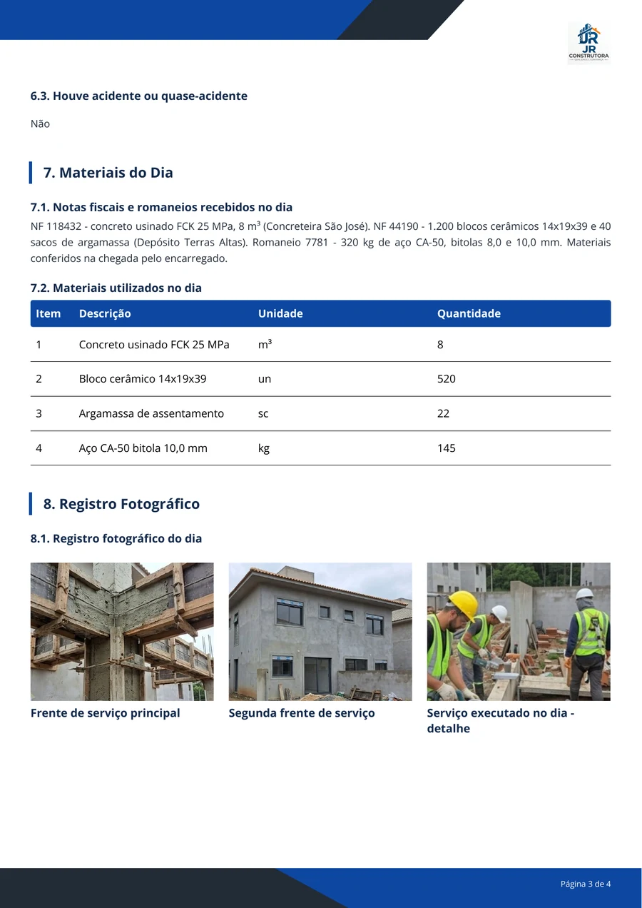 Página do Diário de Obra com a tabela de materiais utilizados no dia e o registro fotográfico com três fotos legendadas: frente de serviço principal, segunda frente e detalhe do serviço executado