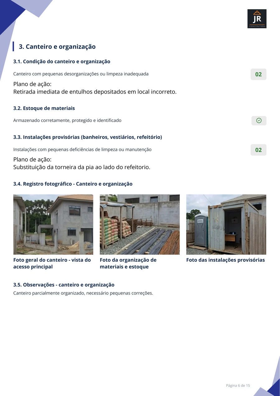 Página de canteiro e organização de um relatório fotográfico de obra, com fotos do acesso, do estoque de materiais e das instalações provisórias